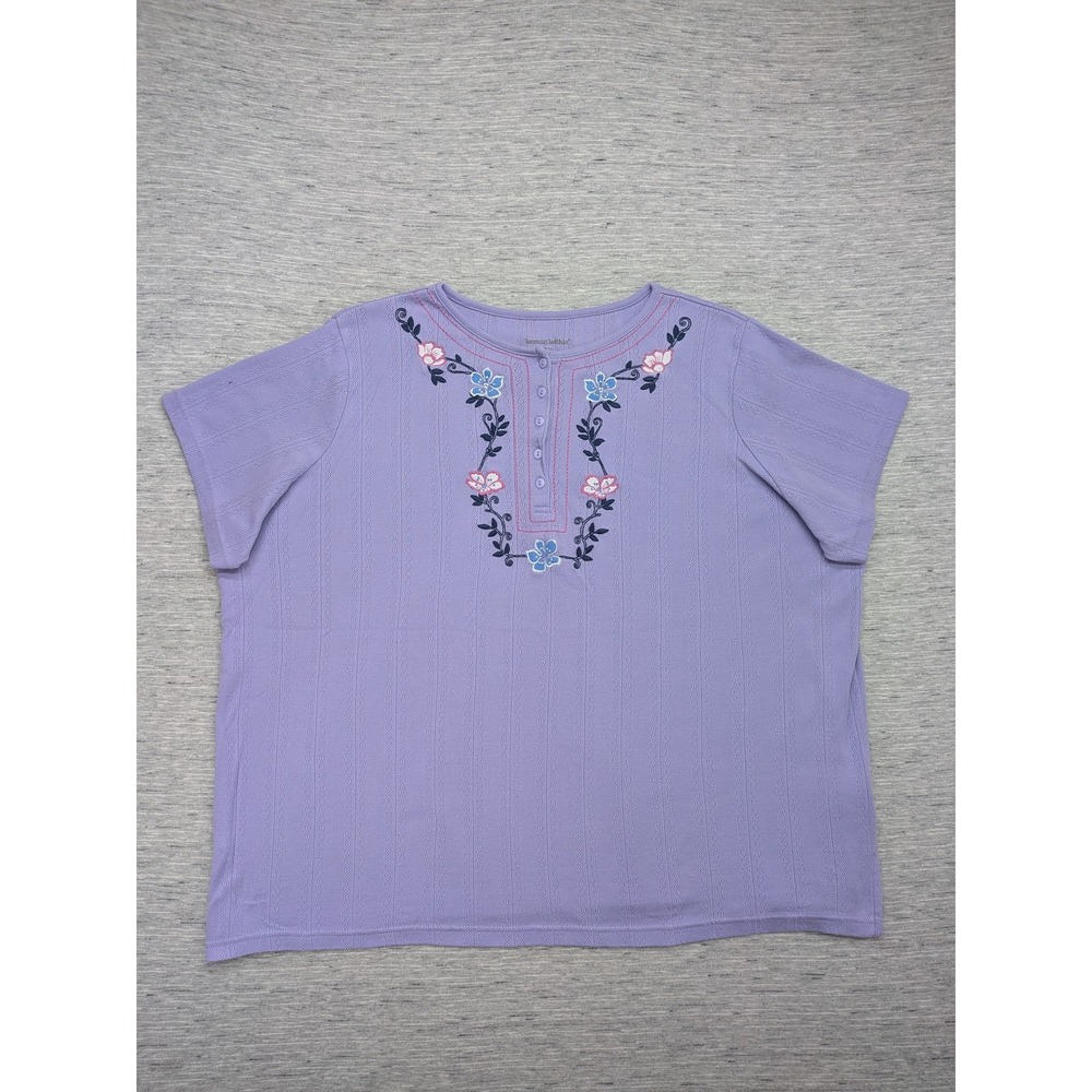Woman Within Embroidered Floral Pointelle Shirt Womens 1X 22/24‎ Purple Henley
